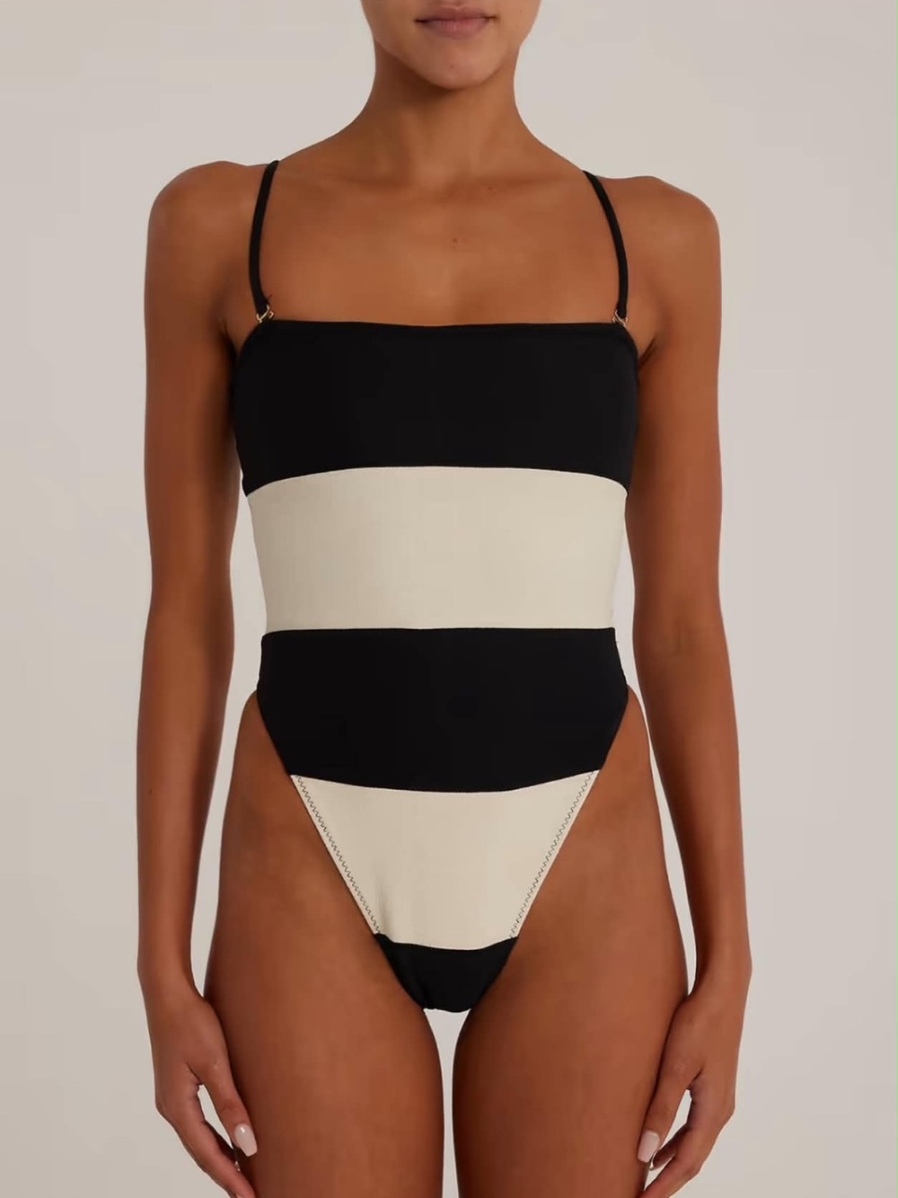 Striped Black and Cream Bandeau One-Piece Swimsuit